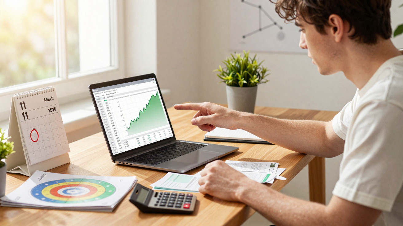 Jovem a analisar gráfico crescente num computador portátil com calendário e calculadora numa secretária.