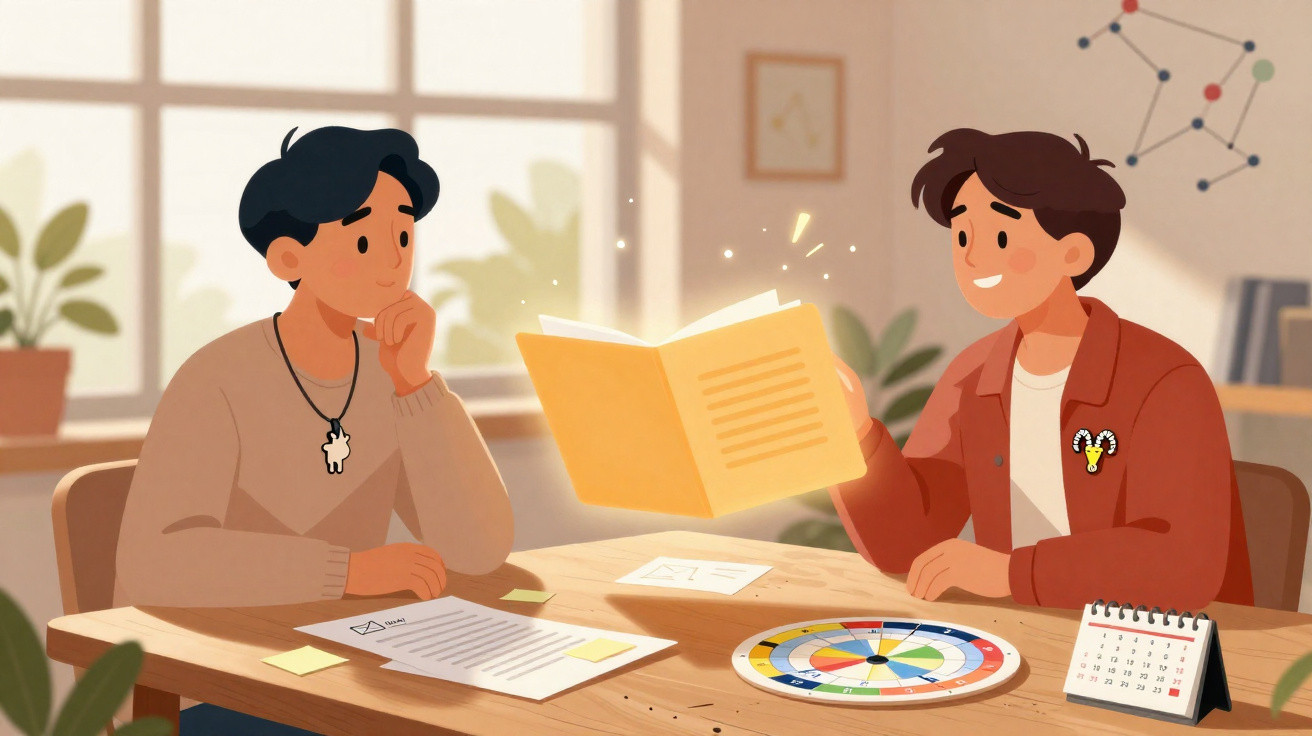Dois jovens sentados a uma mesa lendo um livro iluminado numa sala acolhedora e decorada.
