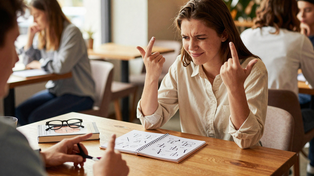Mulher concentrada tenta aprender letras japonesas num caderno enquanto conversa num café.