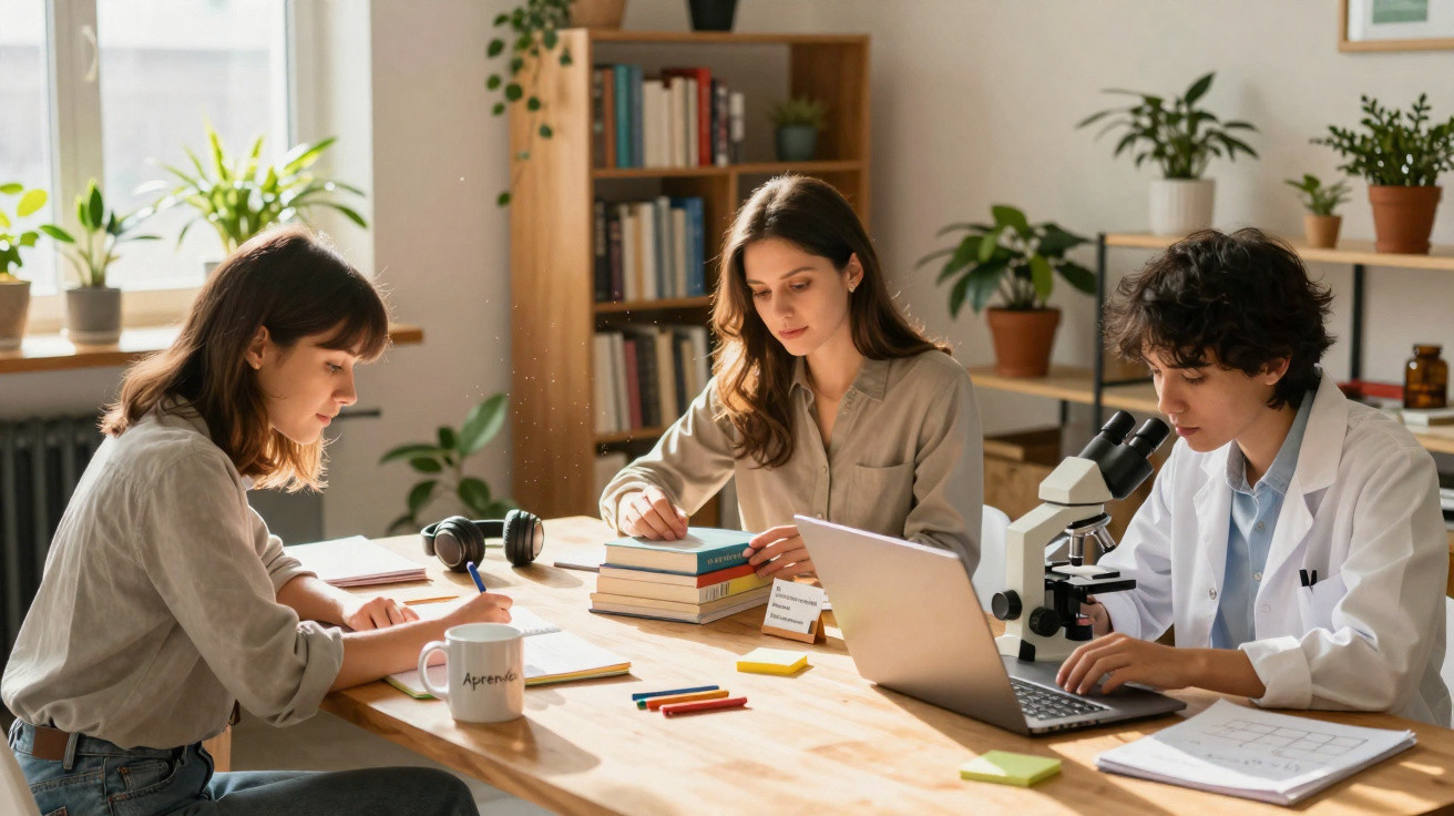 Três mulheres a estudar e trabalhar com livros, computador e microscópio numa mesa luminosa.