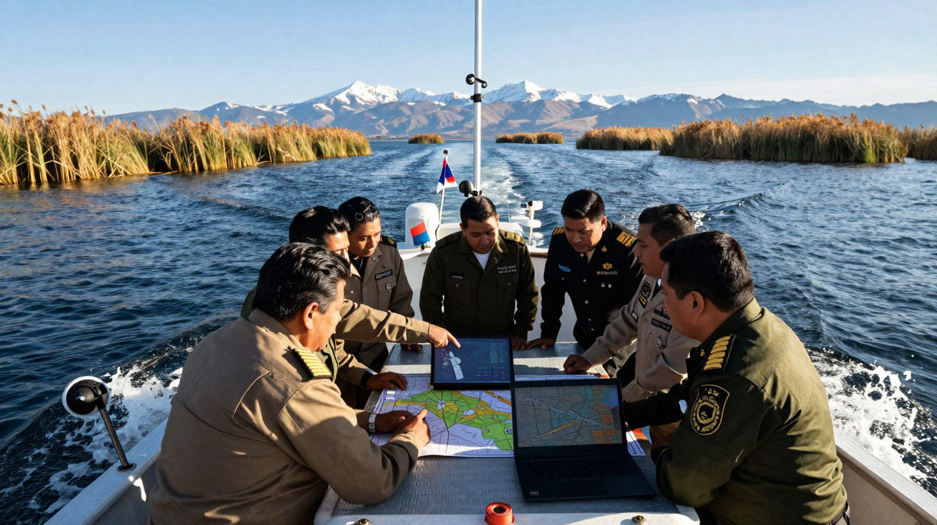 Militares reunidos num barco com mapas e laptop, lago com juncos e montanhas nevadas ao fundo.