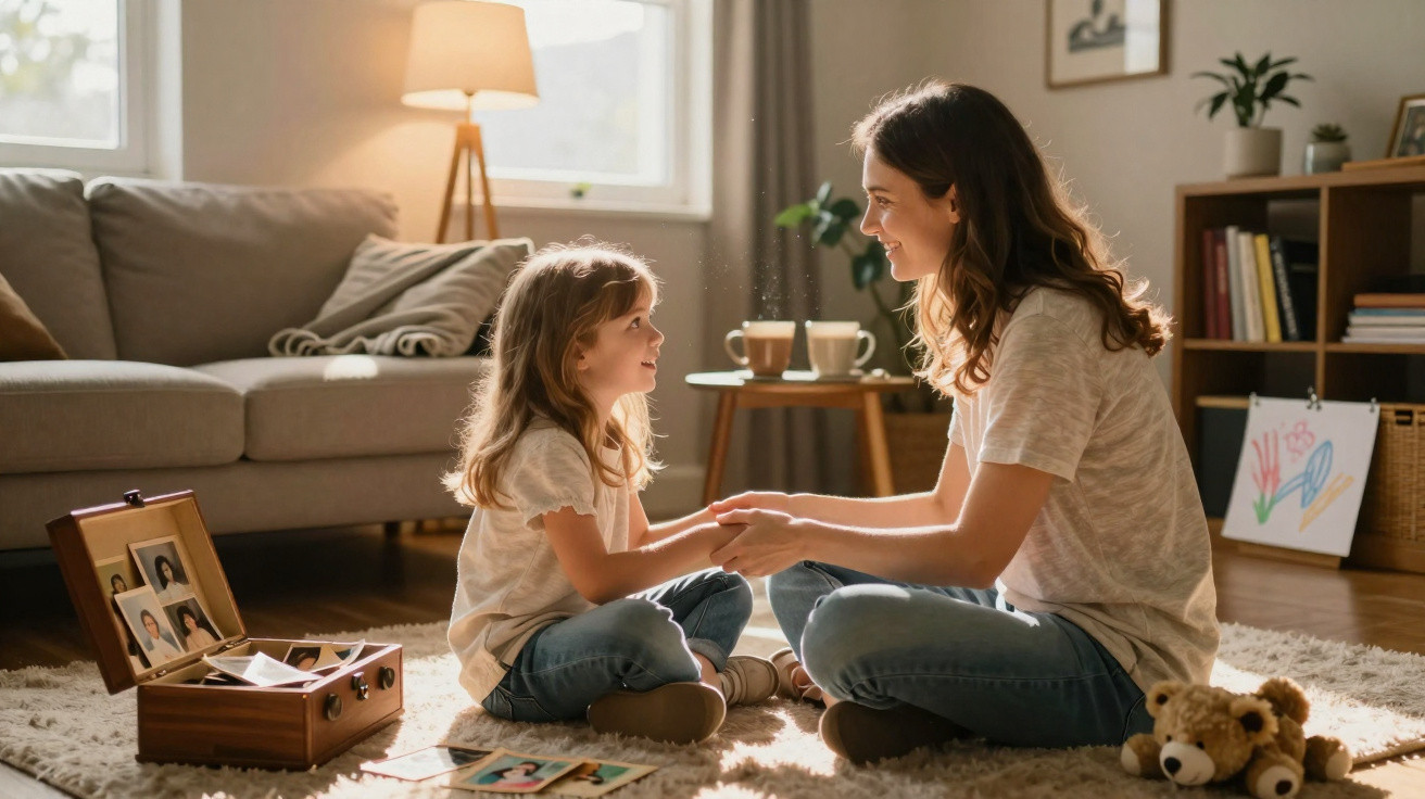 Mãe e filha sentadas no chão da sala, sorrindo e segurando as mãos numa tarde iluminada.