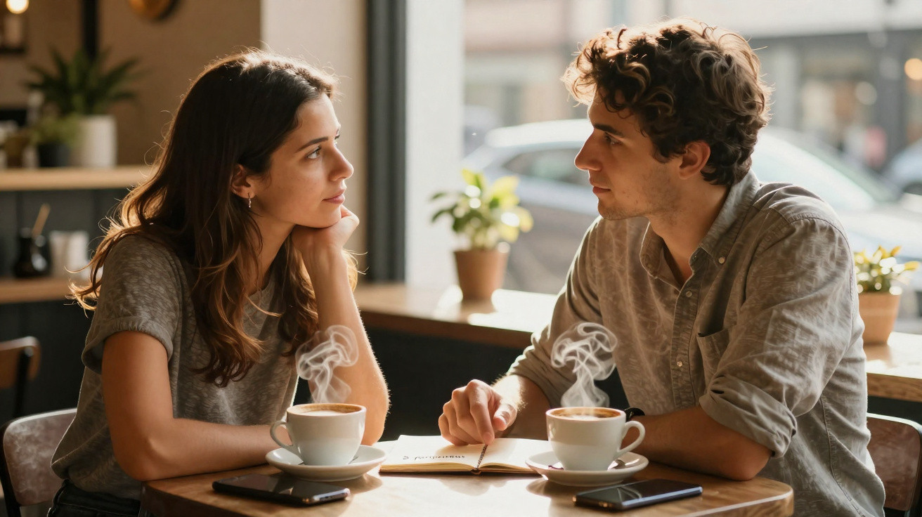 Casal jovem sentado a conversar num café com duas chávenas de café fumegantes sobre a mesa.