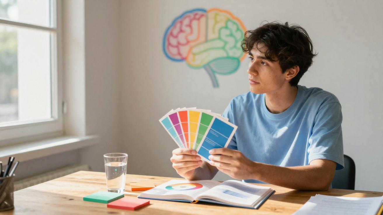 Jovem sentado à mesa segura amostras de cores enquanto olha para imagem de cérebro na parede.
