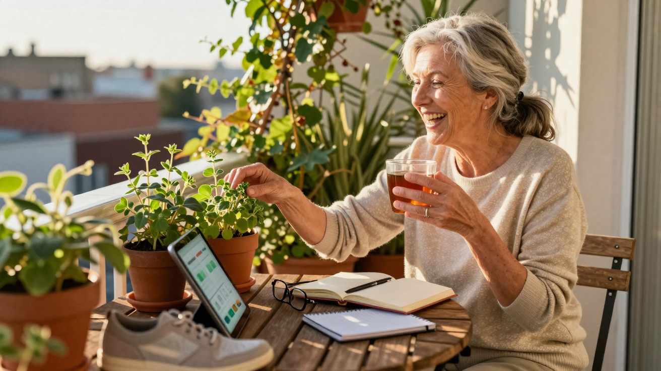 Mulher idosa sorridente a cuidar das plantas numa varanda, com chá, caderno e tablet numa mesa de madeira.