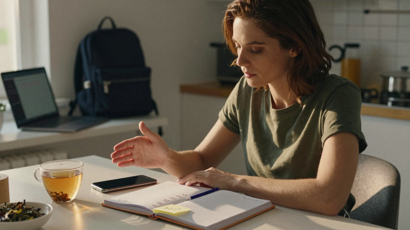 Mulher sentada à mesa a planear tarefas num caderno com chá, telemóvel e laptop à sua frente.