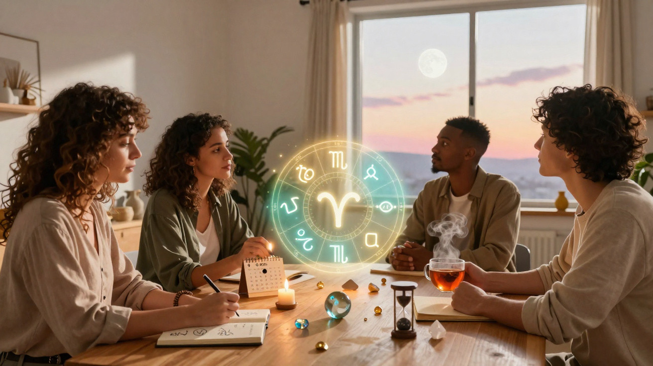 Quatro pessoas sentadas à mesa com símbolos do zodíaco e objetos místicos num ambiente acolhedor ao entardecer.
