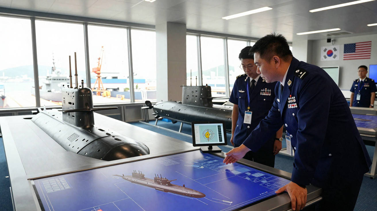 Dois militares em uniforme observam maquete e esquema digital de submarino numa sala com janelas amplas.