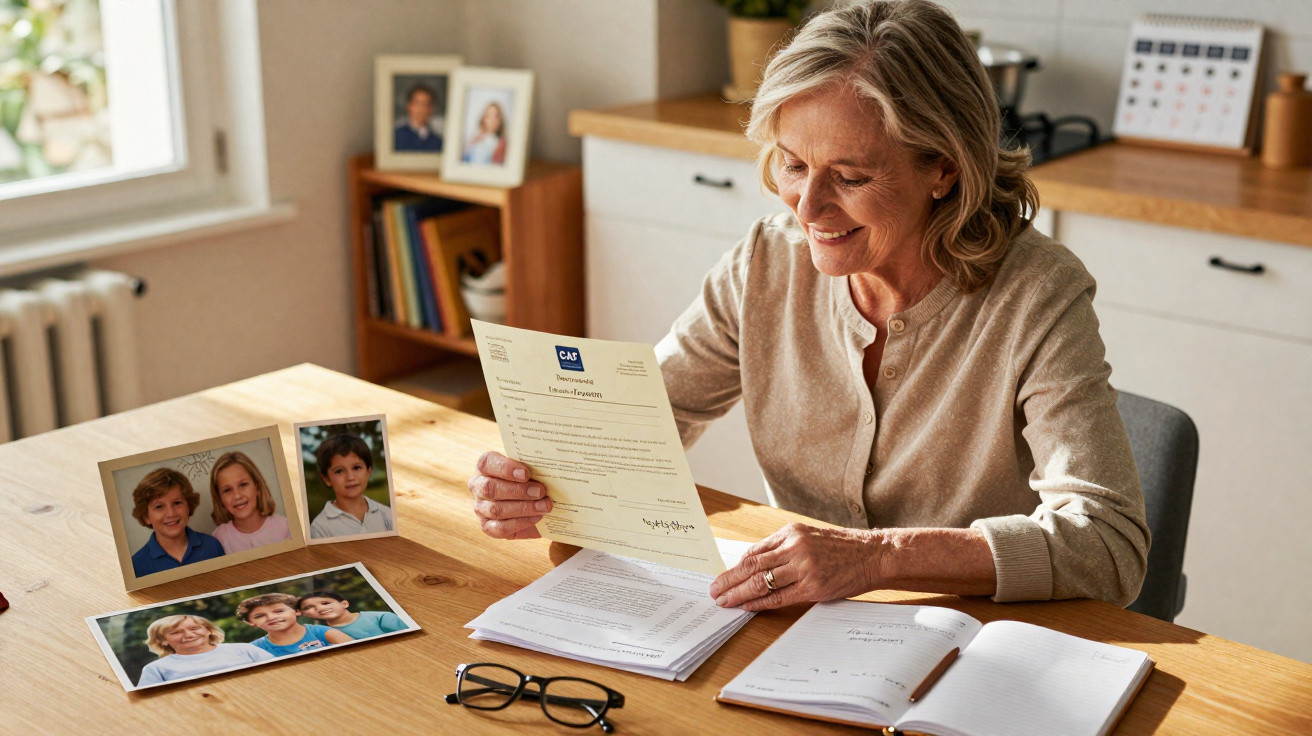 Mulher sorridente sentada à mesa a ler documentos, com fotos de crianças e caderno aberto à sua frente.