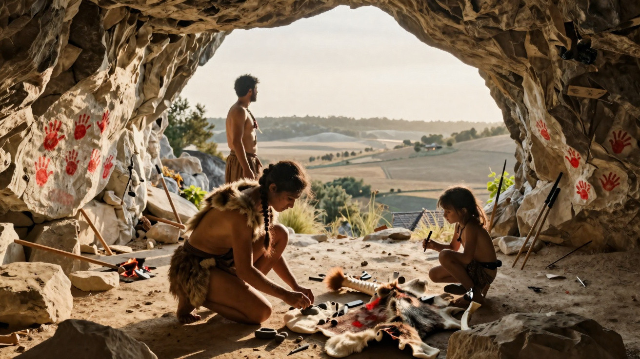 Entrada de uma caverna onde três pessoas em trajes pré-históricos fazem pinturas e artefatos com vista para o campo.