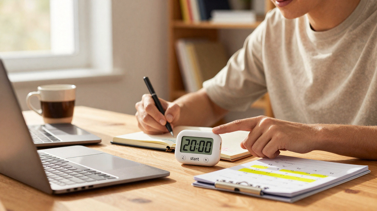 Pessoa a estudar com laptop, cronómetro a marcar 20 minutos, caderno e calendário numa mesa de madeira.