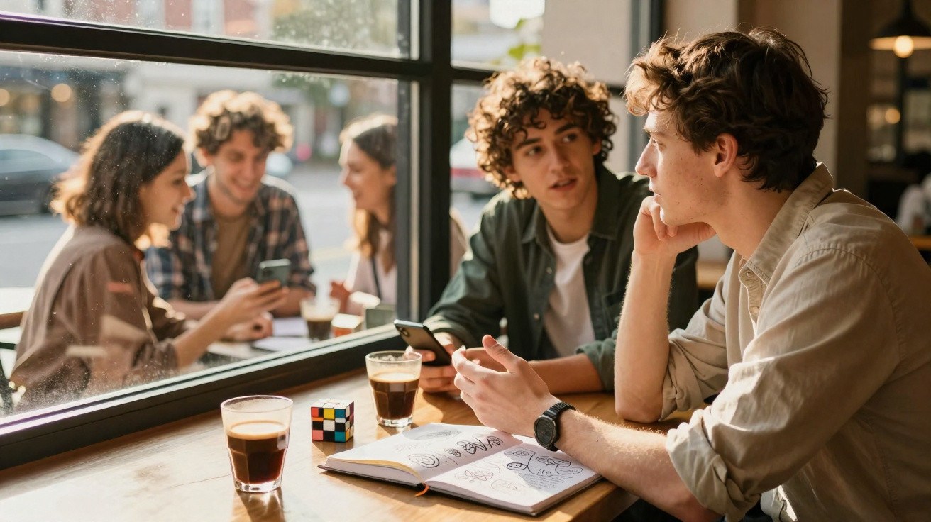 Dois jovens conversam numa mesa de café com cadernos, telemóveis e bebidas, refletidos na janela.