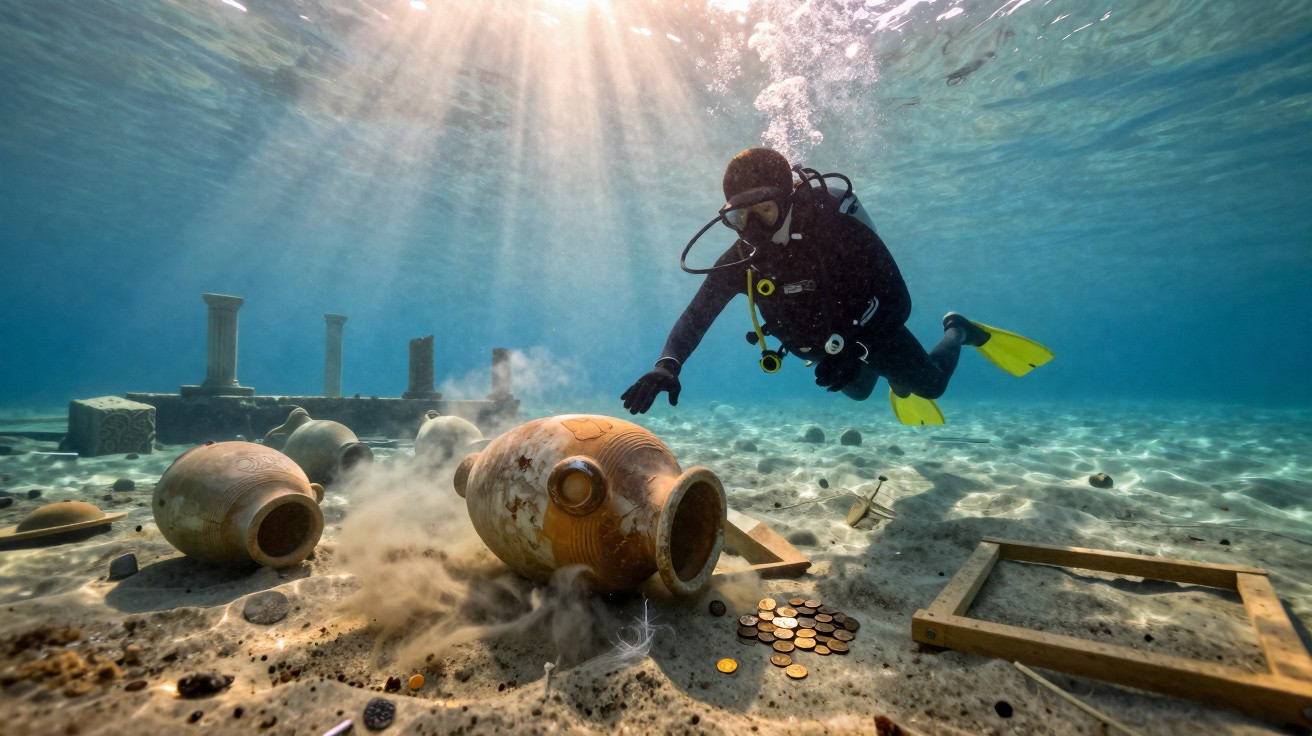Mergulhador explora jarros antigos e moedas no fundo do mar com raios de sol a penetrar a água.