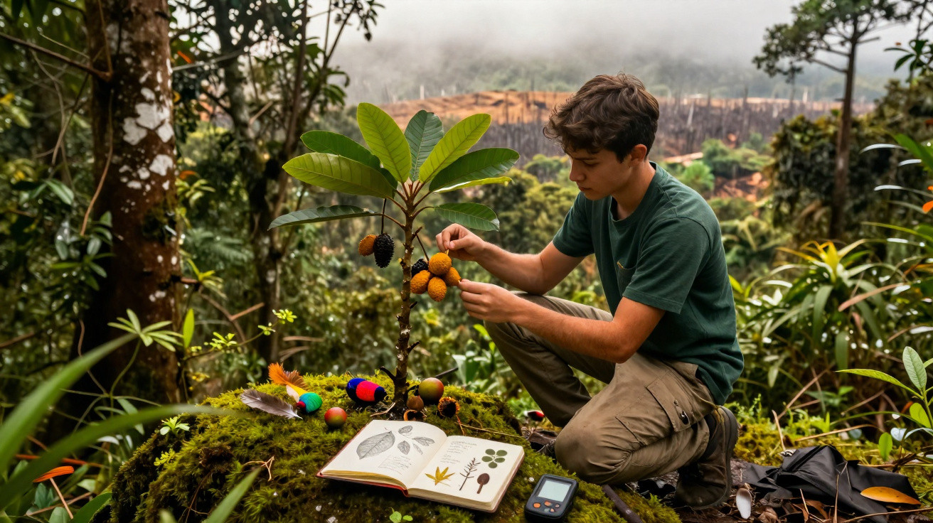 Jovem estuda planta com frutos alaranjados em floresta, com caderno de botânica e equipamento de pesquisa.