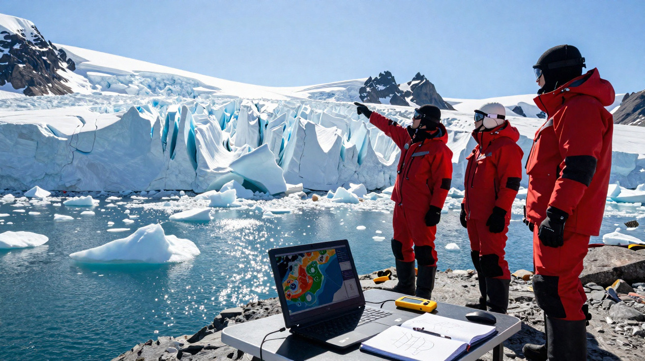 Três pessoas em roupa vermelha na costa gelada observam paisagem de icebergues com computador e equipamentos.