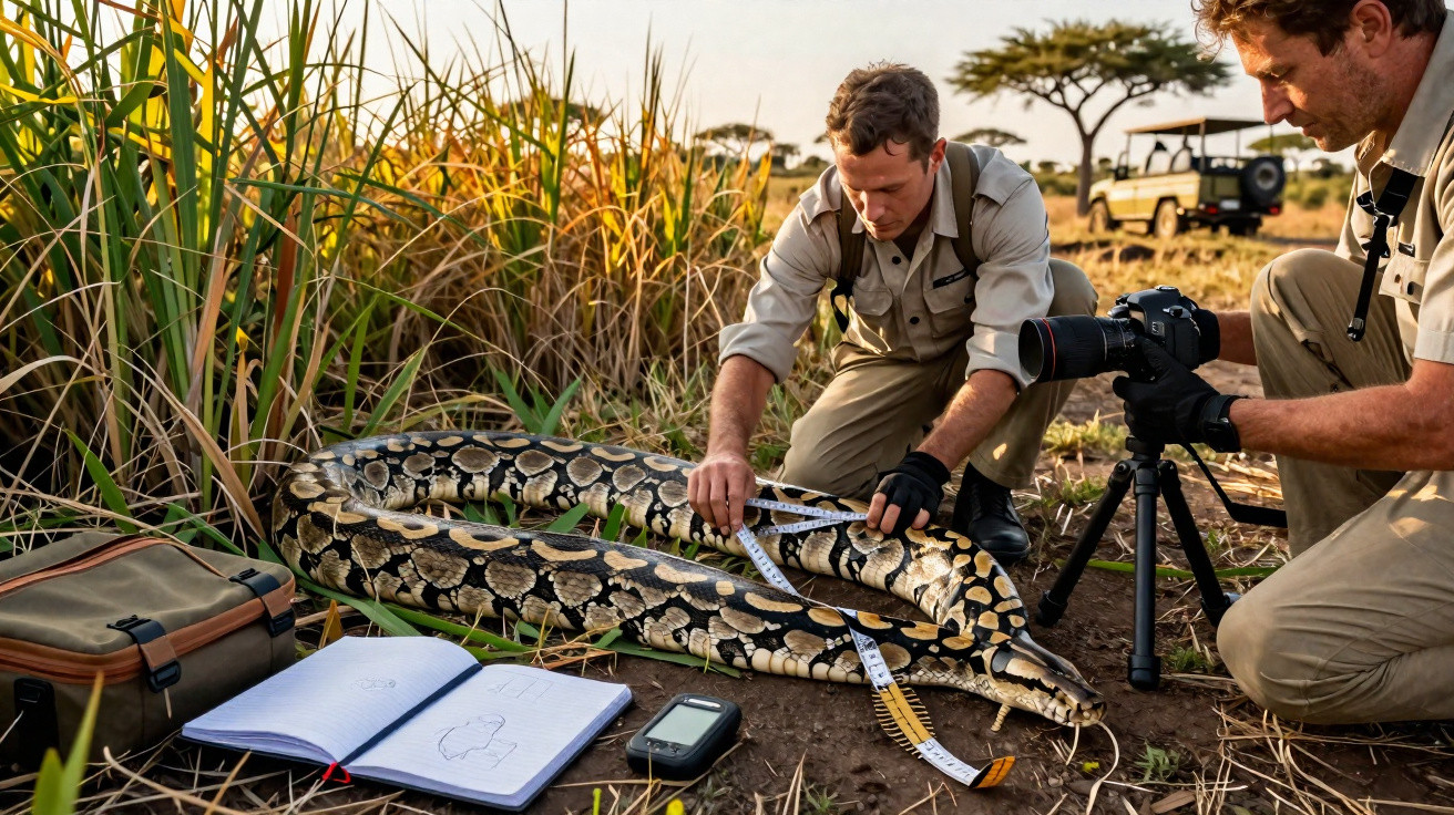 Dois cientistas medem uma cobra gigante no solo durante uma expedição de campo na savana.
