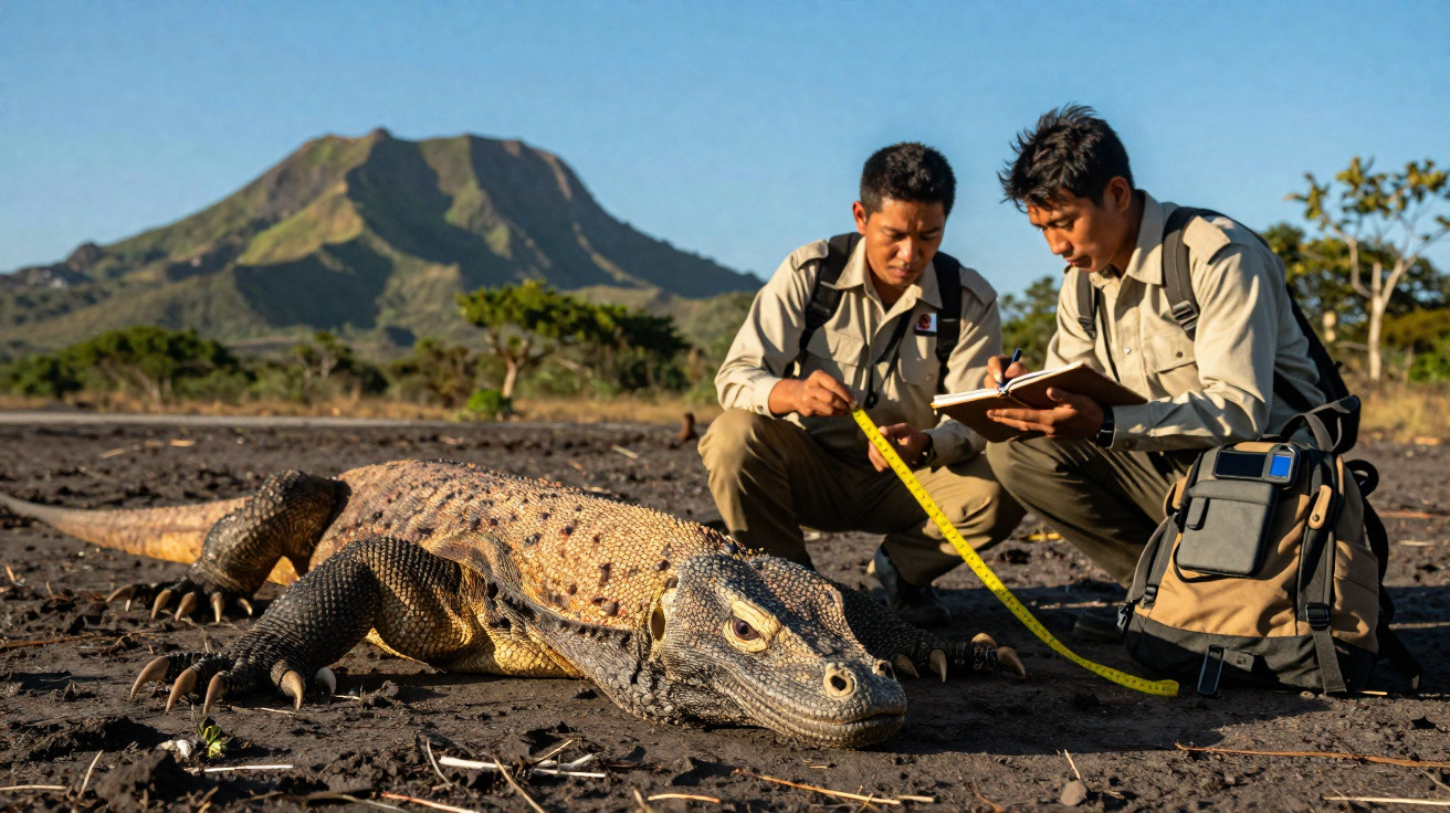 Dois cientistas medem um dragão-de-komodo numa paisagem árida com montanha ao fundo.