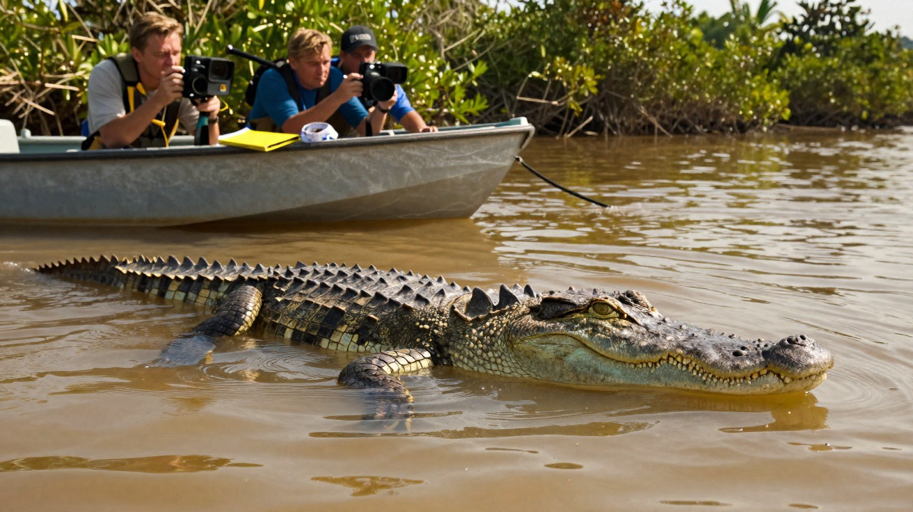 Jacaré na água perto de um barco com três homens a fotografar o animal.