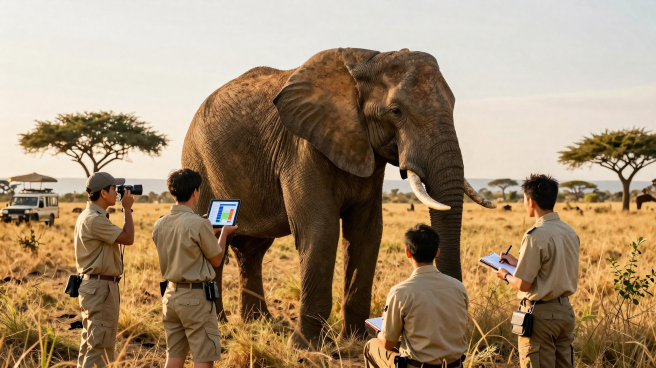 Quatro investigadores estudam um elefante numa savana africana ao pôr do sol com árvores dispersas ao fundo.