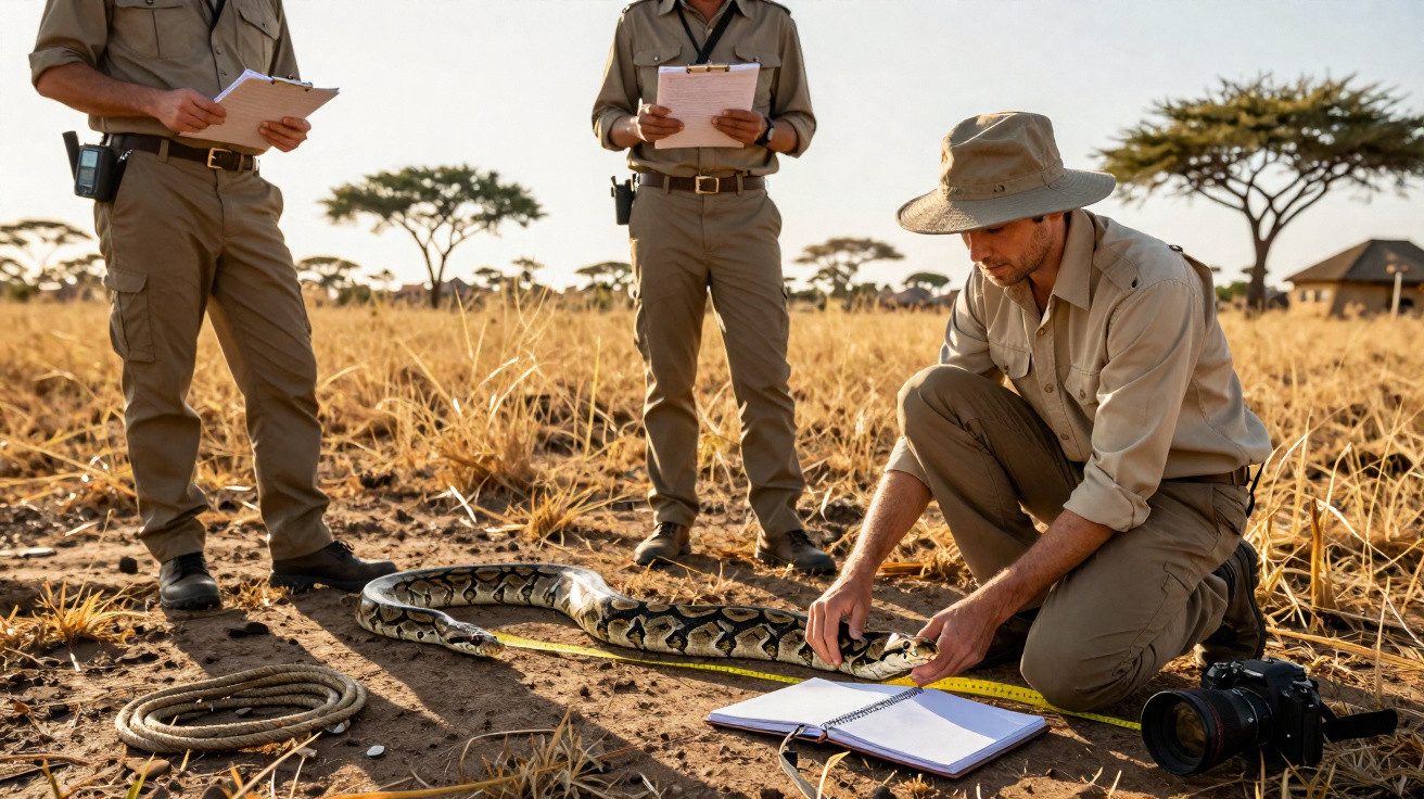 Três investigadores no campo a medir uma grande cobra, com notas e equipamento de campo numa savana seca.