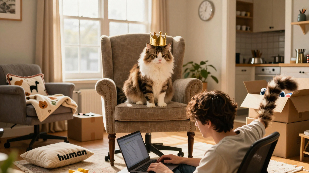 Gato com coroa sentado numa poltrona enquanto jovem usa portátil no chão de uma sala iluminada.
