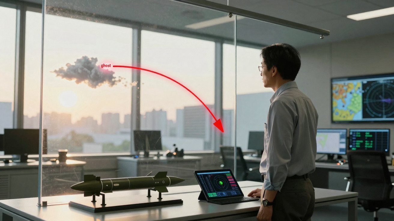 Homem observa modelo de mísseis e telas de radar numa sala de controlo ao pôr do sol.