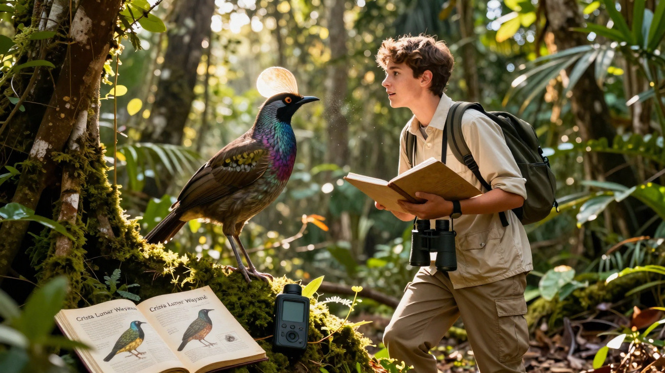 Jovem naturalista observa pássaro exótico com livro aberto e binóculos numa floresta luminosa.