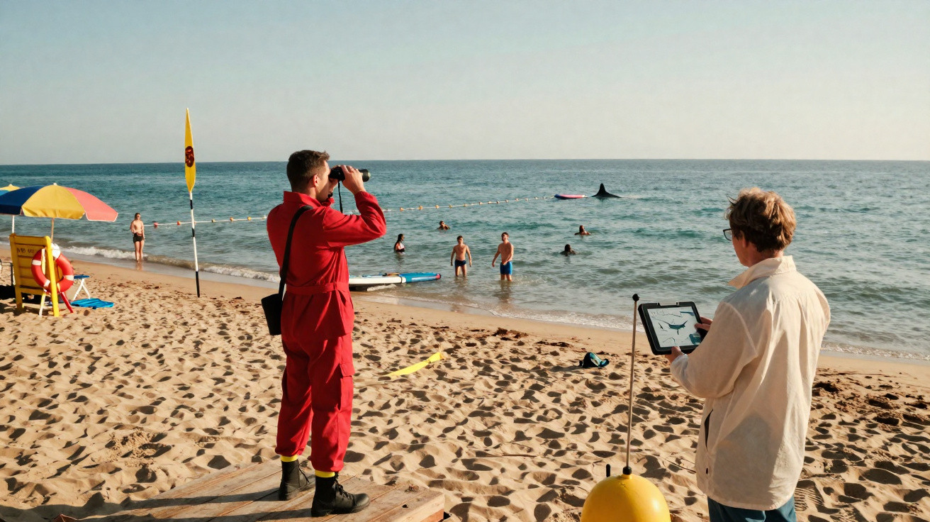 Praia com nadadores no mar e salva-vidas observa animal marinho com binóculos e tablet.