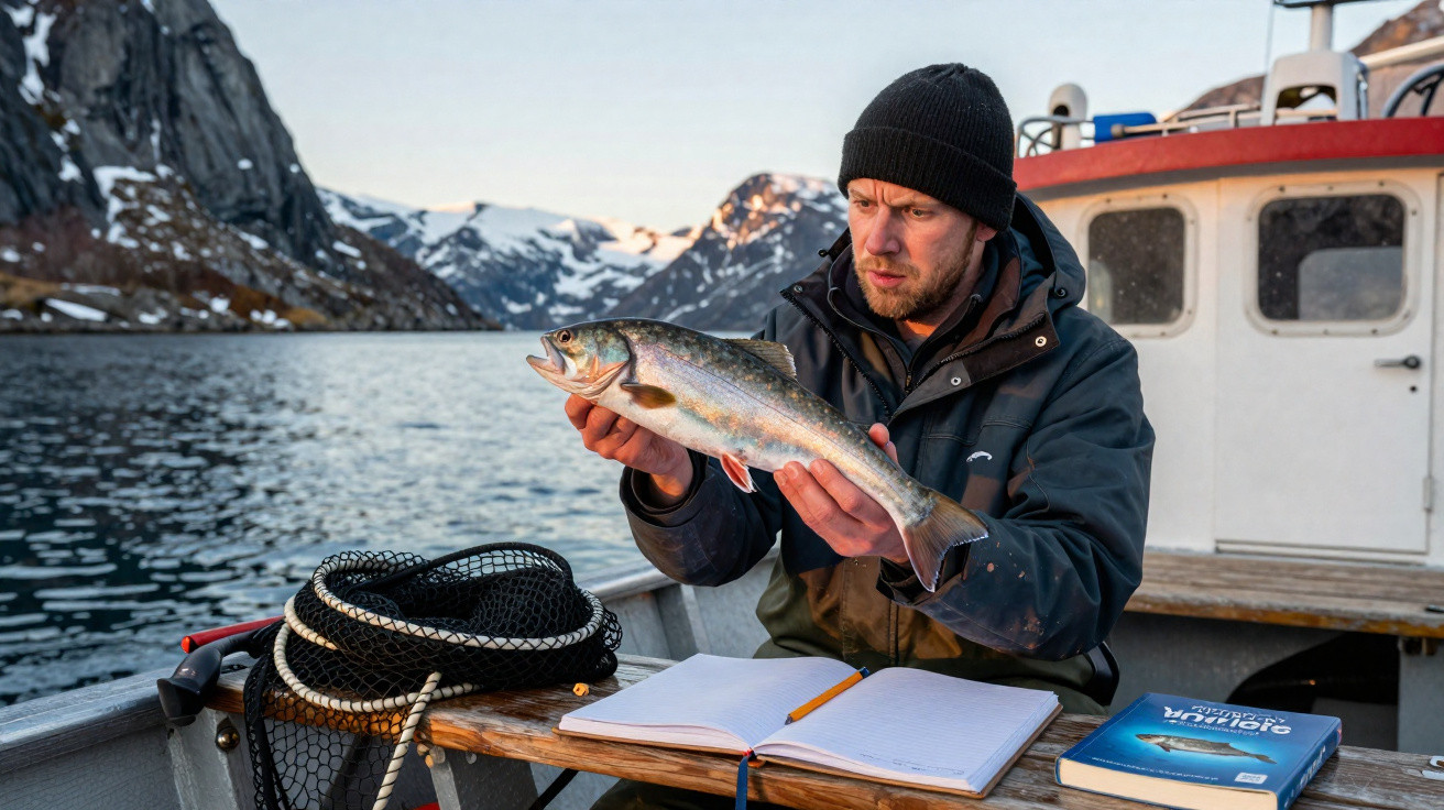Homem a segurar um peixe na mão num barco com montanhas nevadas ao fundo ao entardecer.
