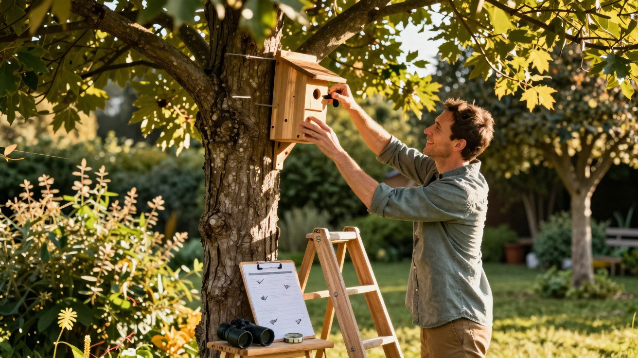 Homem instalando uma caixa-ninho de madeira num tronco de árvore num jardim ensolarado.