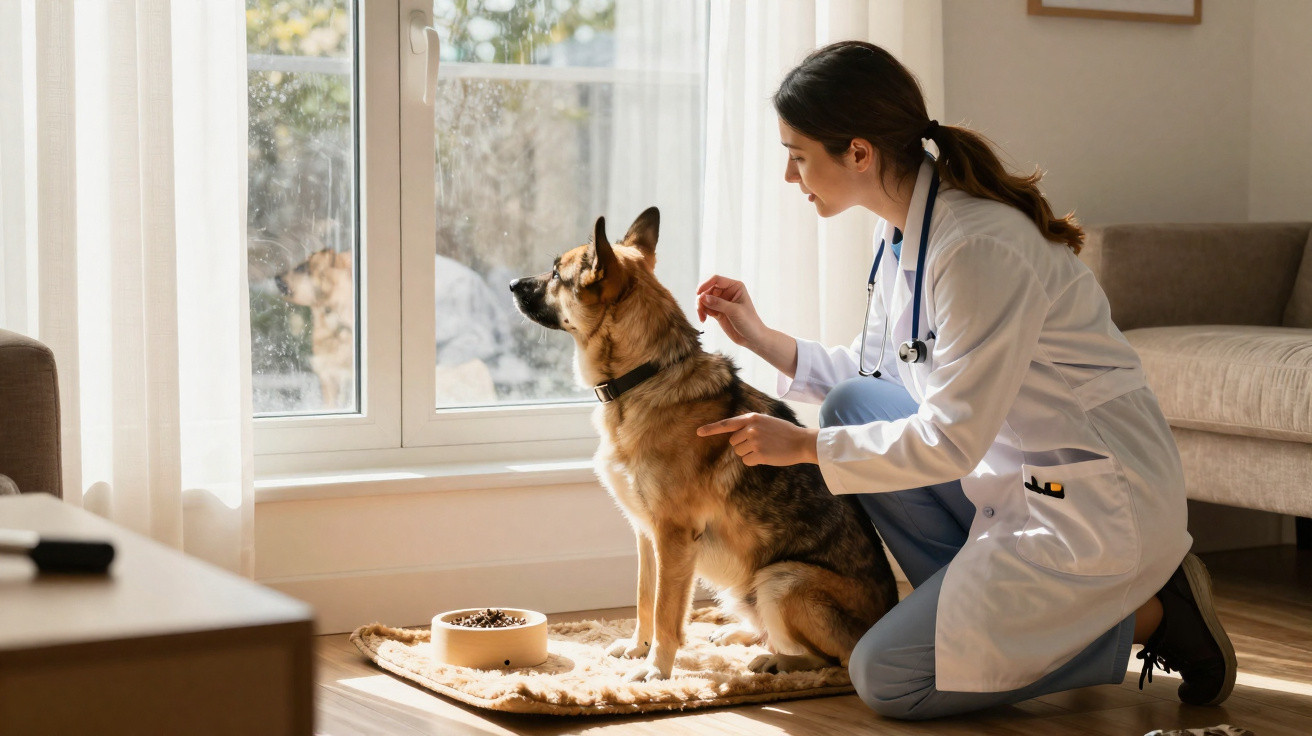 Veterinária de bata branca examina um cão pastor alemão sentado junto à janela numa sala iluminada.