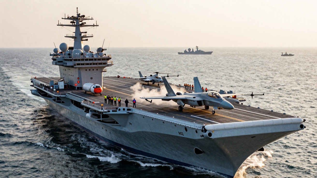 Porta-aviões militar a navegar no mar com aviões de caça no convés e tripulação visível.