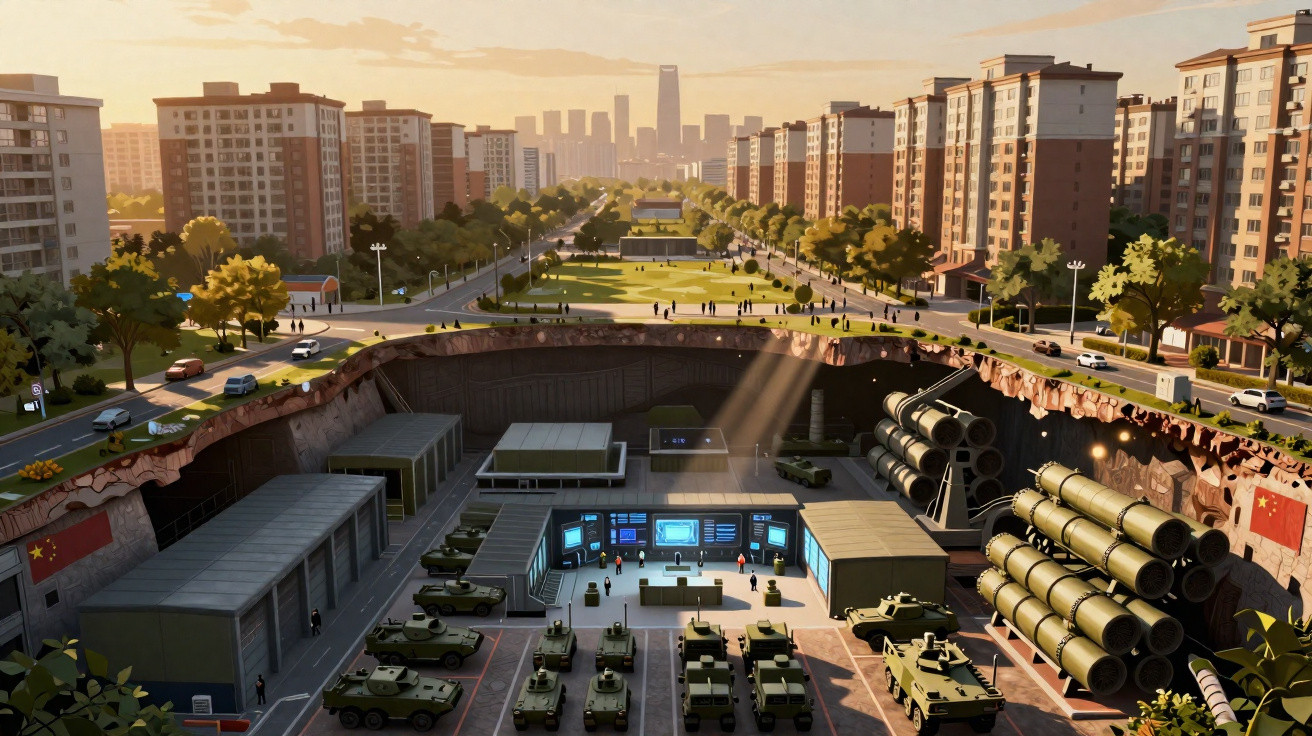Base militar subterrânea futurista com veículos e mísseis, situada sob uma avenida de uma cidade moderna ao pôr do sol.
