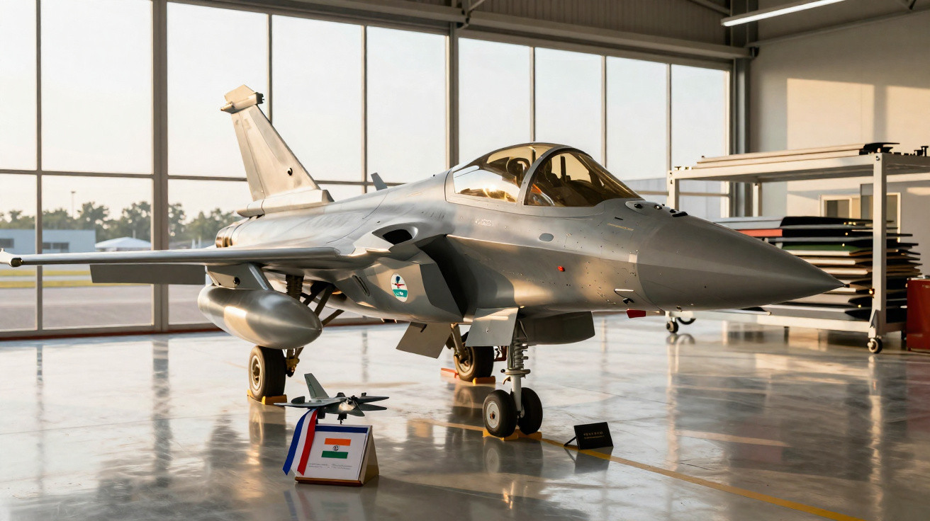 Caça militar cinzento estacionado no interior de um hangar com luz natural a entrar pelas janelas grandes.