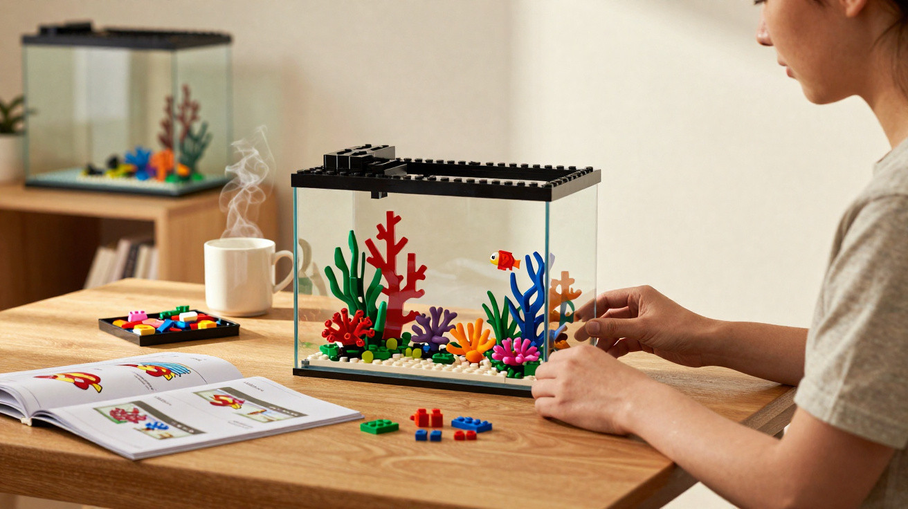 Pessoa a montar um aquário de LEGO colorido sobre uma mesa com instruções e peças espalhadas.