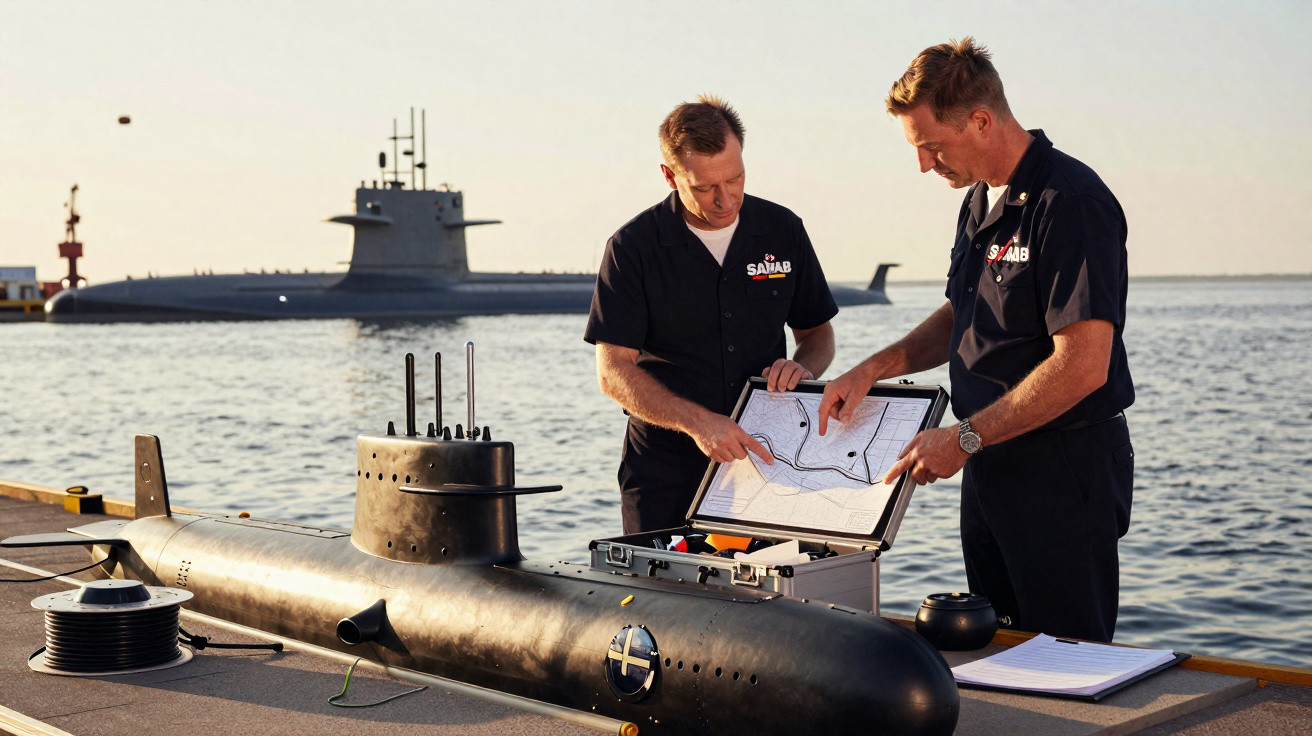 Dois homens com uniforme marineiros analisam mapa perto de modelo de submarino junto ao mar, com submarino real ao fundo.