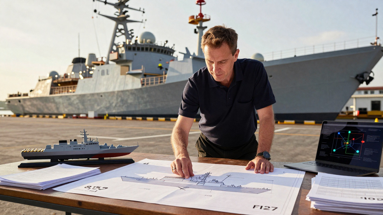 Homem examina plantas de um navio de guerra num cais, com um navio real ao fundo e um modelo naval na mesa.