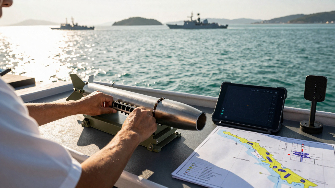 Mãos ajustam dispositivo naval junto a mapa e tablet, com navios e ilha ao fundo no mar.