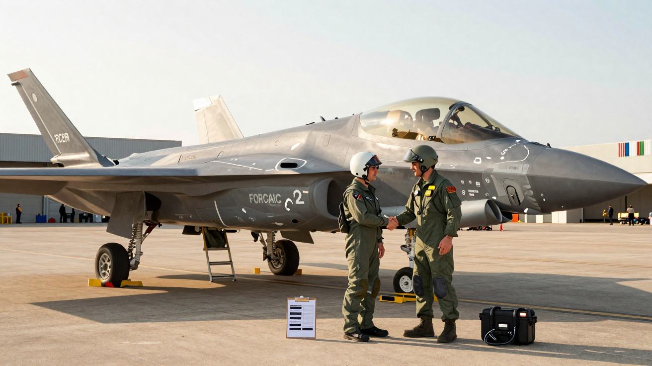 Dois pilotos militares cumprimentam-se junto a um caça furtivo estacionado numa pista de aeroporto militar.