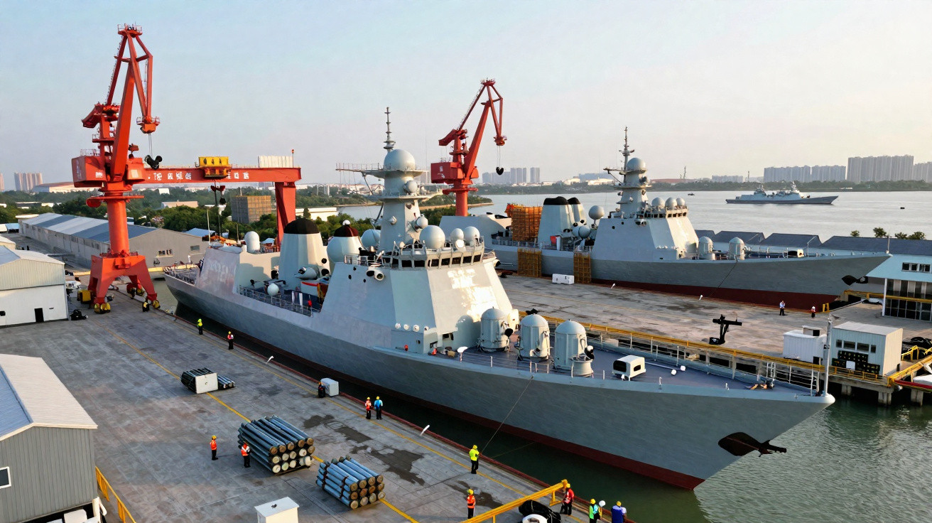 Porto com navios militares cinzentos atracados e guindastes vermelhos sob céu limpo ao entardecer.