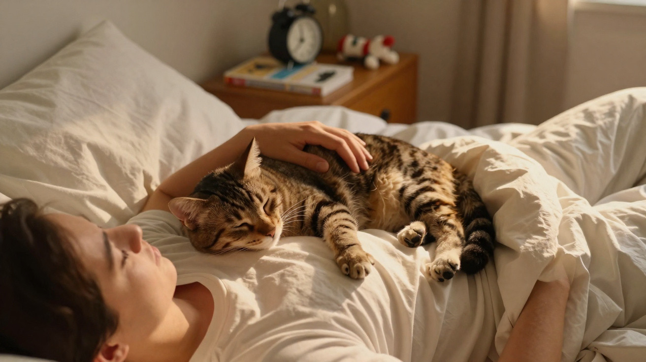 Pessoa deitada na cama a acariciar um gato dormindo sobre o peito, com luz suave e ambiente acolhedor.