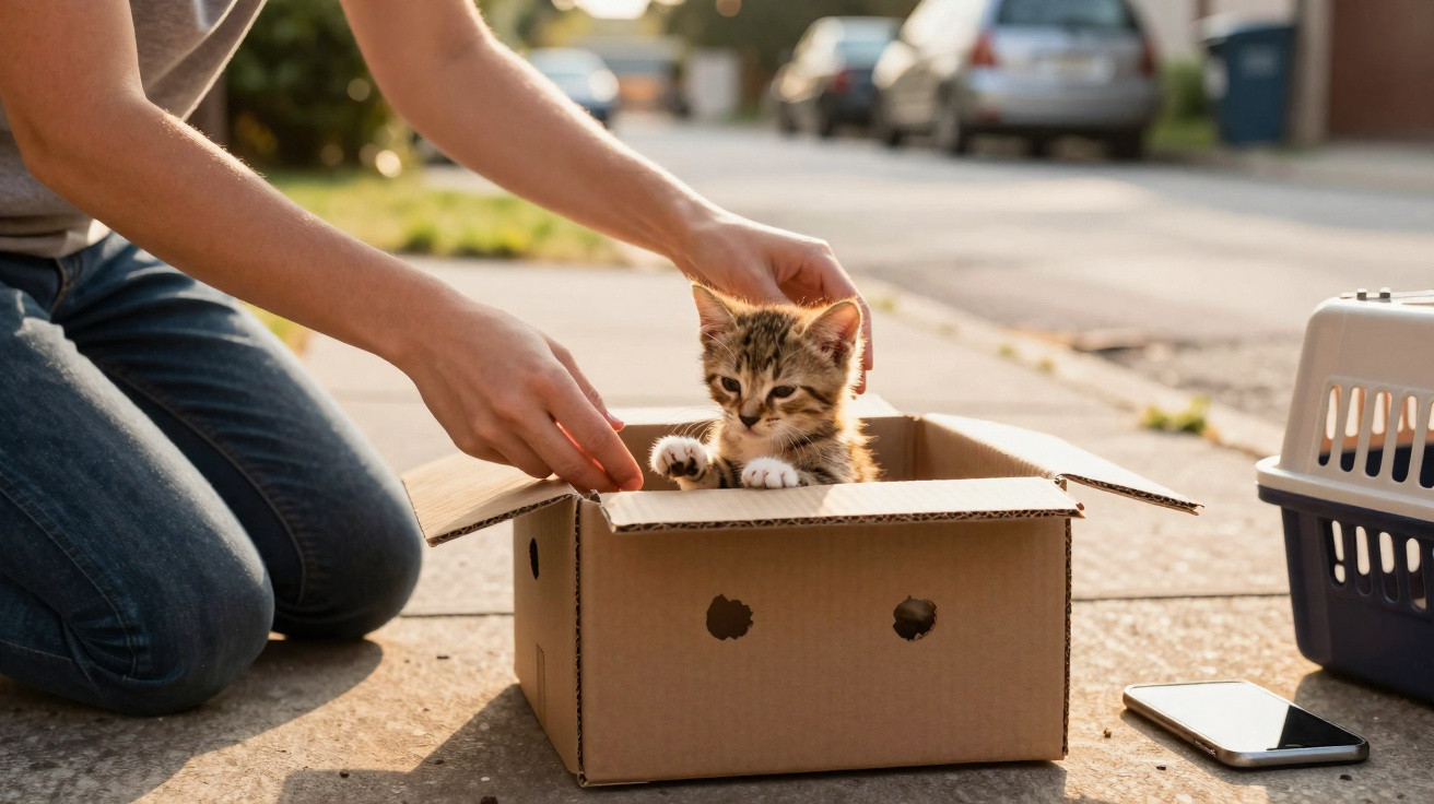Pessoa a proteger um gatinho dentro de uma caixa de cartão numa rua com carros ao fundo.