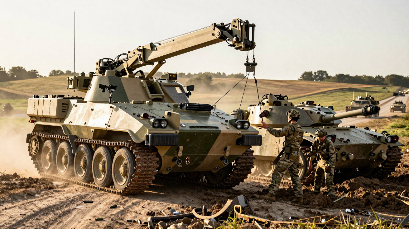 Veículo militar blindado equipado com guindaste assistindo manutenção de tanque em terreno arenoso.