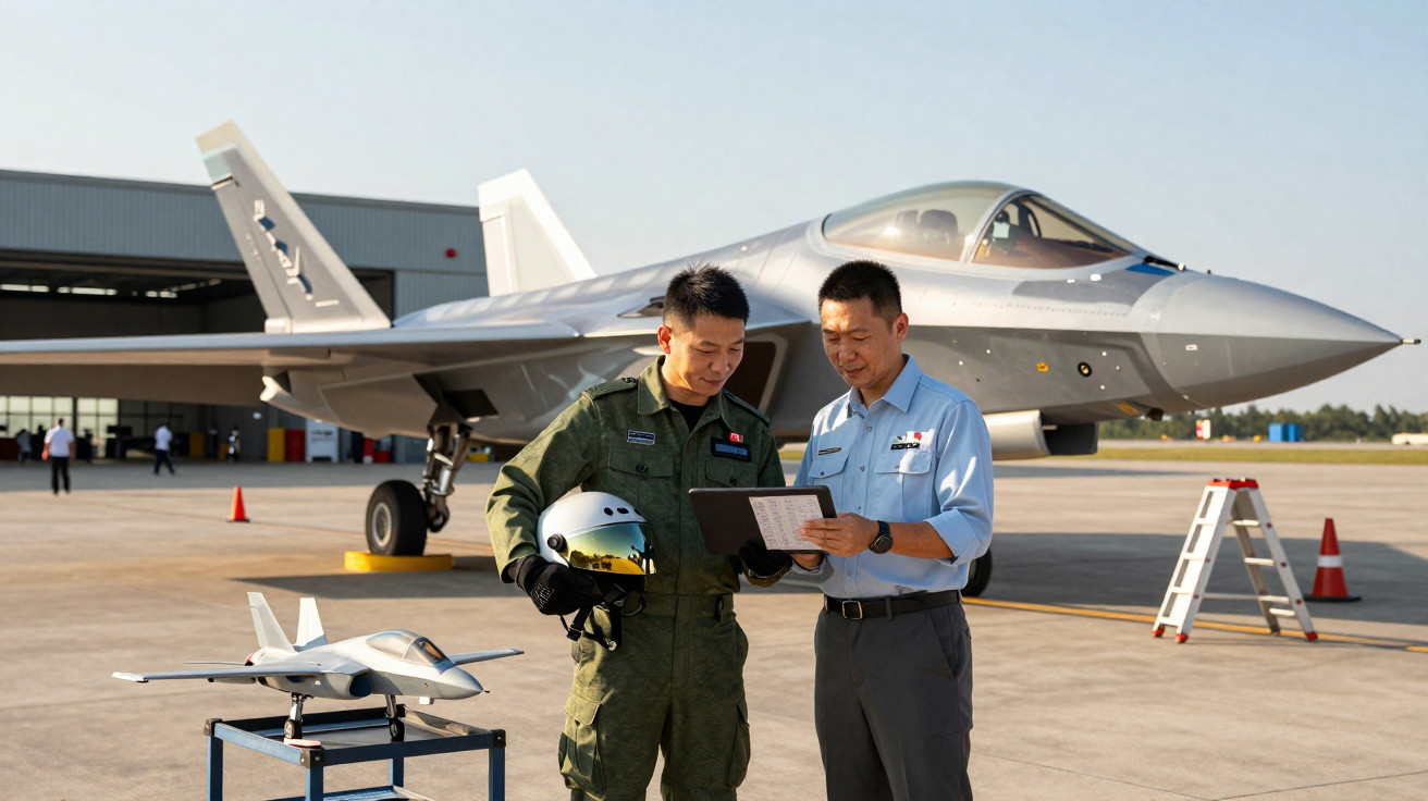 Dois homens militares consultam documentos perto de um caça e um modelo de avião no pátio de um aeroporto.