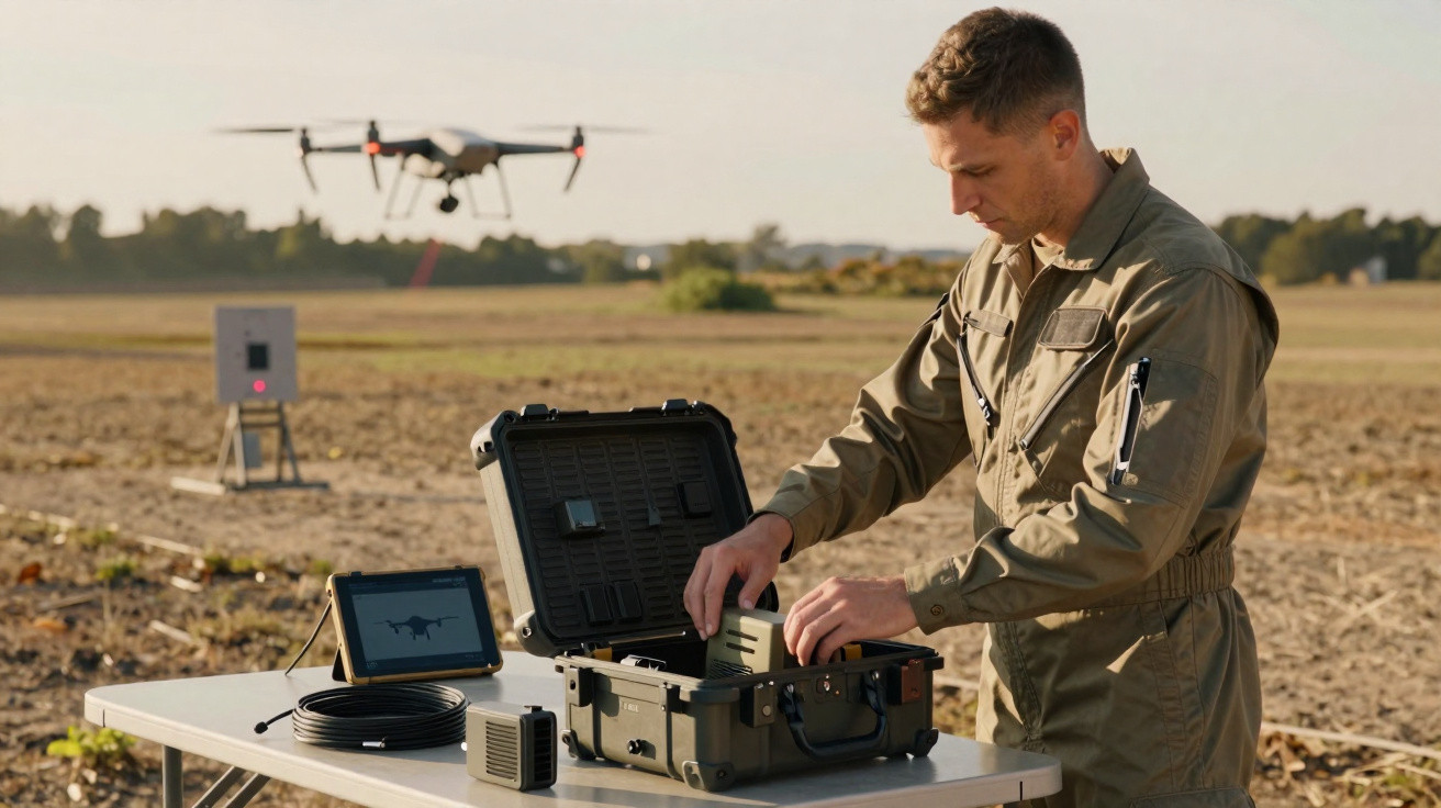 Homem vestido de fato militar opera equipamento de drone numa mesa ao ar livre num campo aberto.