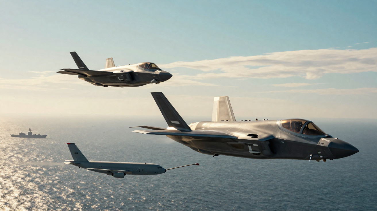 Dois caças militares em voo sobre o mar com uma aeronave reabastecedora e um navio ao fundo.