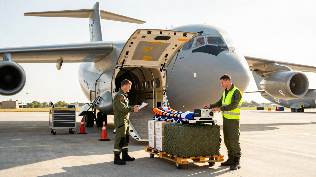 Dois militares organizam carga médica e uma maca em frente a avião de transporte na pista de aeroporto.