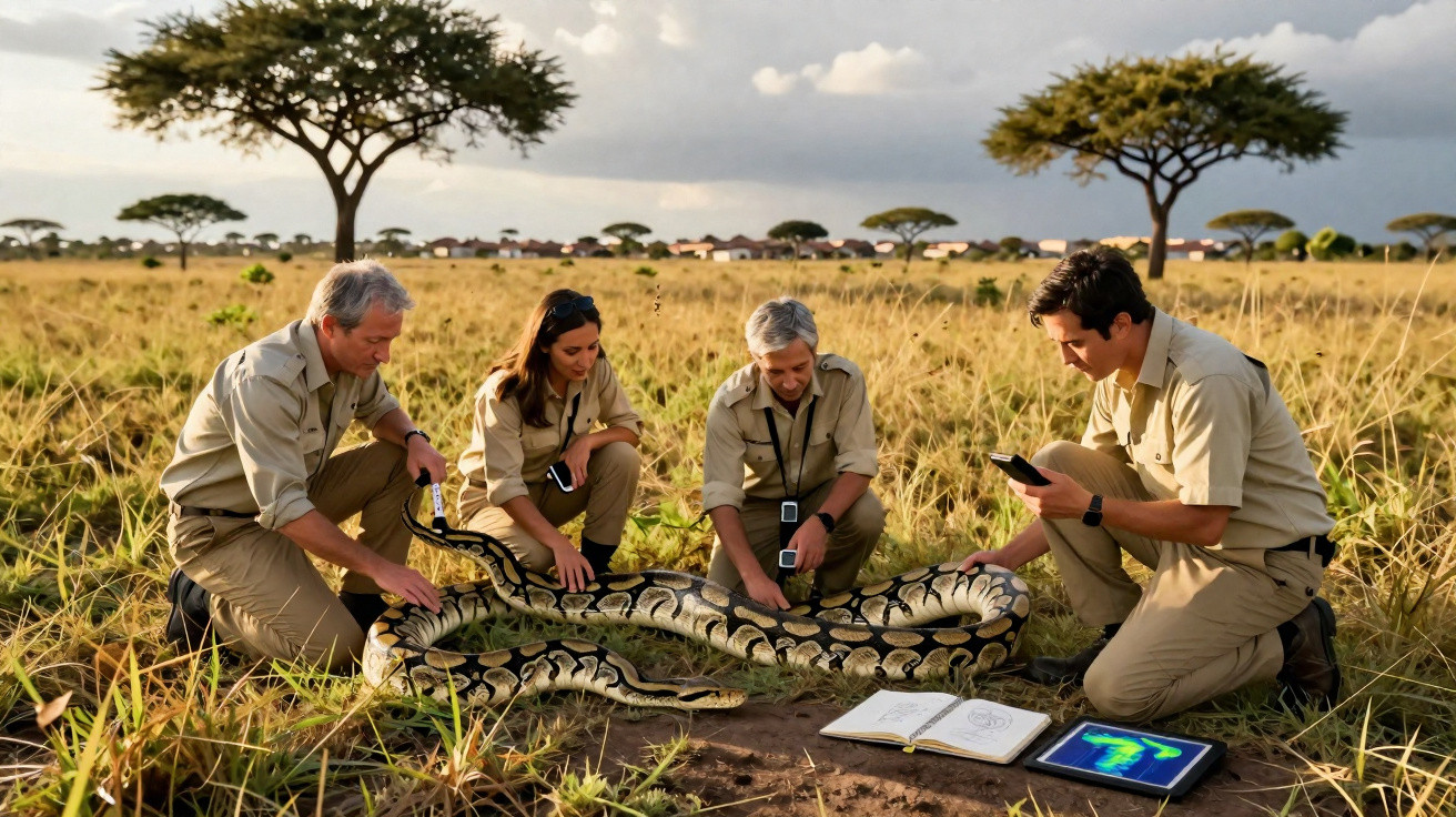 Quatro cientistas em campo seguram uma cobra grande enquanto analisam dados em tablets e cadernos.