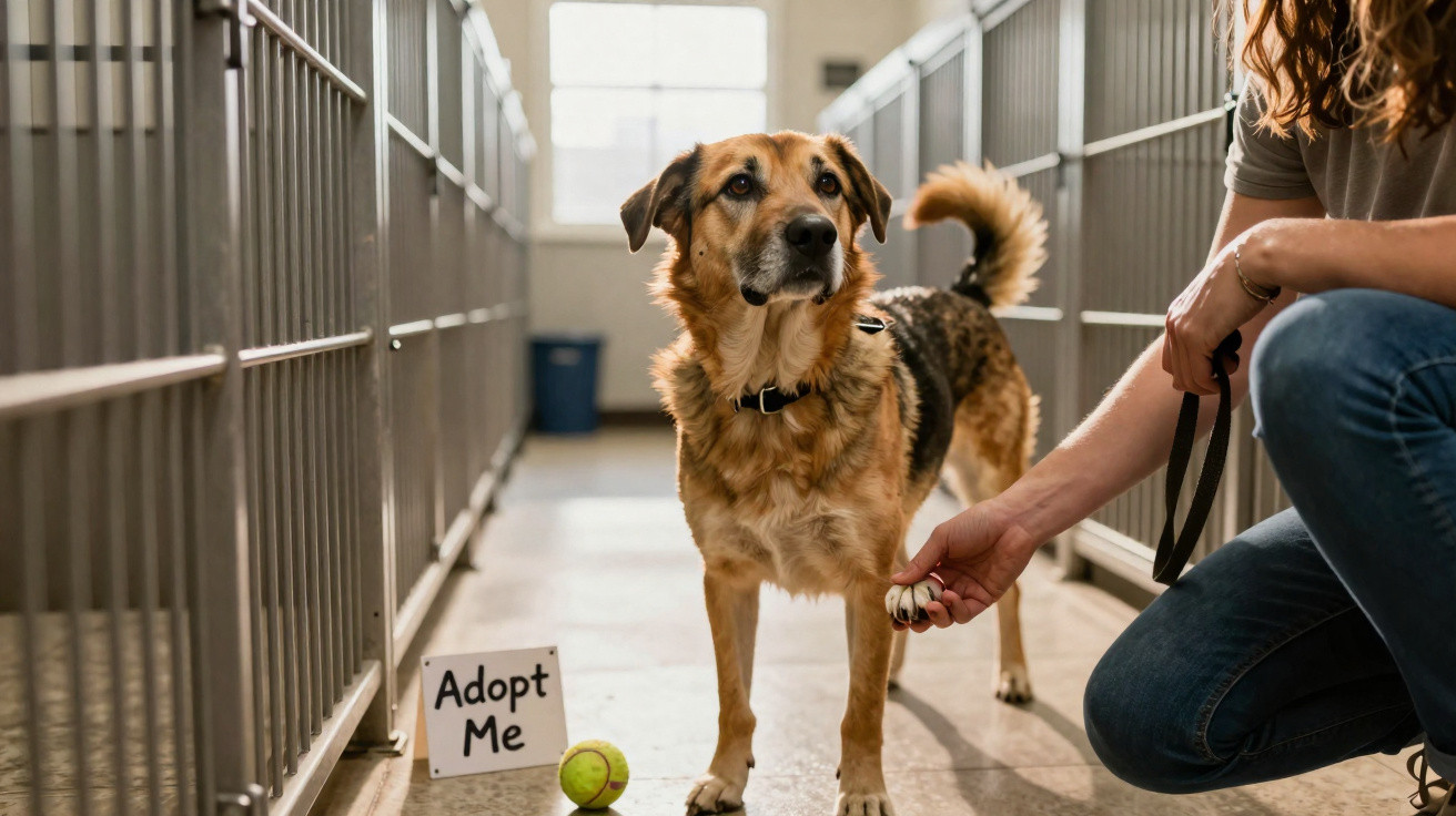 Cão no abrigo a dar a pata a uma pessoa, com placa "Adopt Me" e bola no chão.
