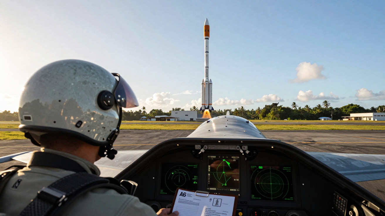 Piloto de avião observa lançamento de foguetão a partir do cockpit numa pista de descolagem ao pôr do sol.